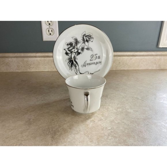 Gift Craft Bone China 25th Silver Wedding Anniversary Tea Cup And Saucer Set - Picture 4 of 7